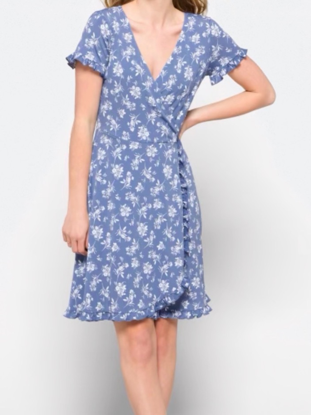 Kaileigh Dusty Blue Floral Faux Wrap Mini Dress